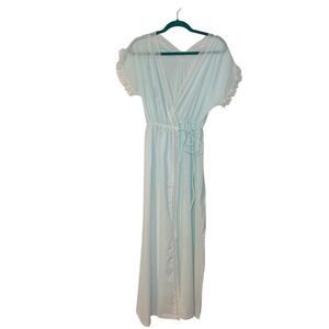 Vintage Texsheen Pastel Mint Lace Trim Wrap House Coat Nightgown L USA Cottage